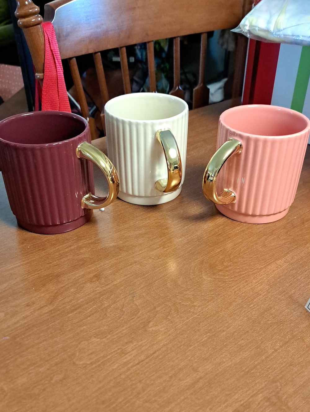 Ashland Ribbed Ceramic Mugs with Gold Handles - Burgundy, Ivory & Blush